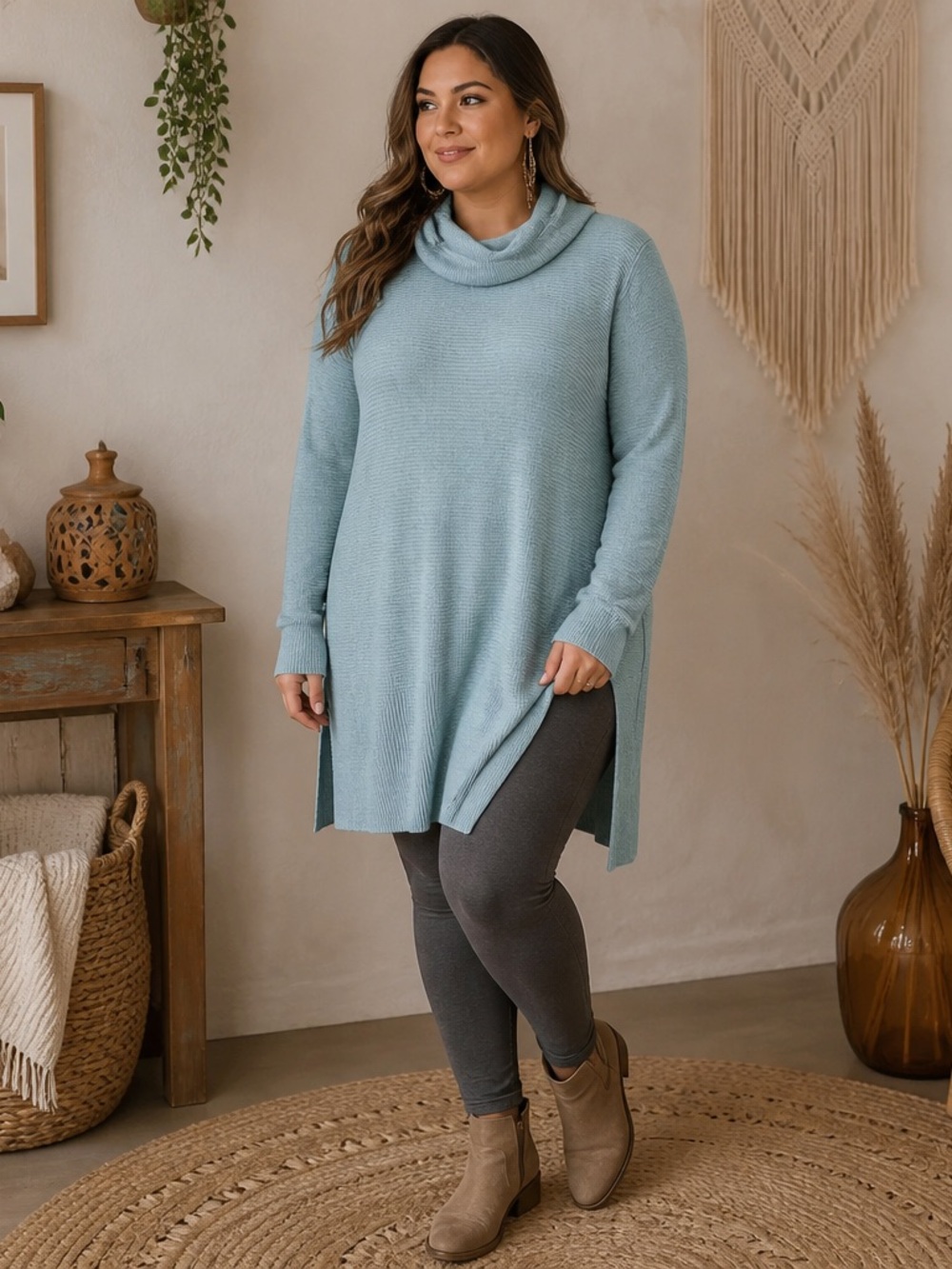 Adrienne Vittadini Women XXL Aqua Sweater Cowl Neck Tunic Long Sleeved Ribbed